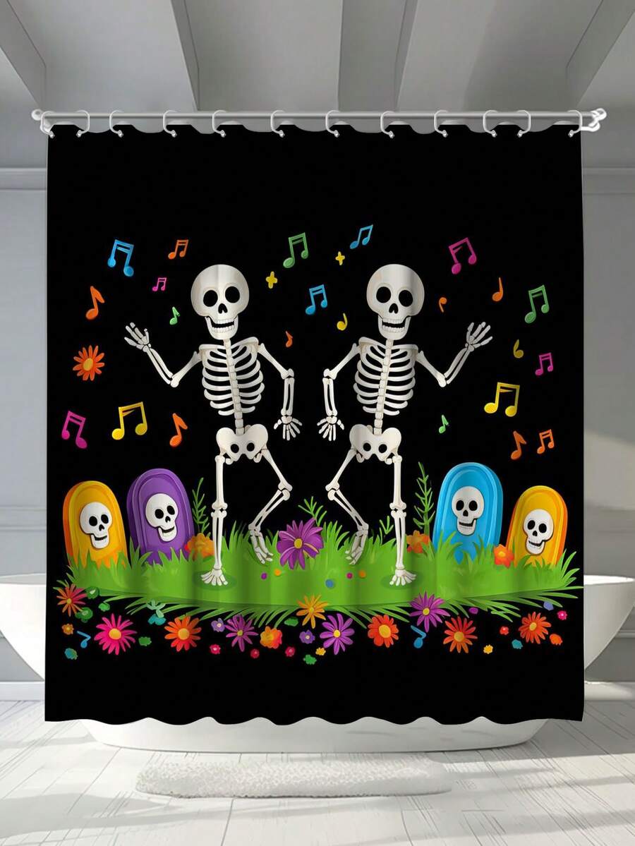 1 件万圣节跳舞骷髅和音符卡通数码印花防霉防水秋季浴帘，12 个塑料挂钩和金属索环，耐用坚固的浴室配件