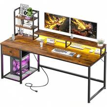 EnHomee 55" Gaming Desk With LED Lights & Power Outlets, Computer Desk With Drawers, Home Office Desks With Reversible Shelves And Monitor Stand, Rustic Brown - 黑色 - 查看 9