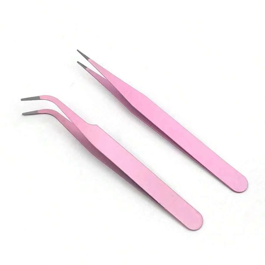 2pcs Colorful Pointed & Curved Clip, Macaron Pink Handmade Planner Tweezers, Stainless Steel Sticker Adhesive Craft Tweezers, Tools For Men