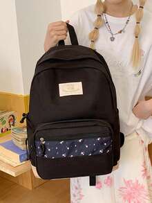 Contrast Color Patchwork Casual Zipper Closure Backpack, Suitable For Students, School, Outdoor Activities, Youth' - Black - View 2