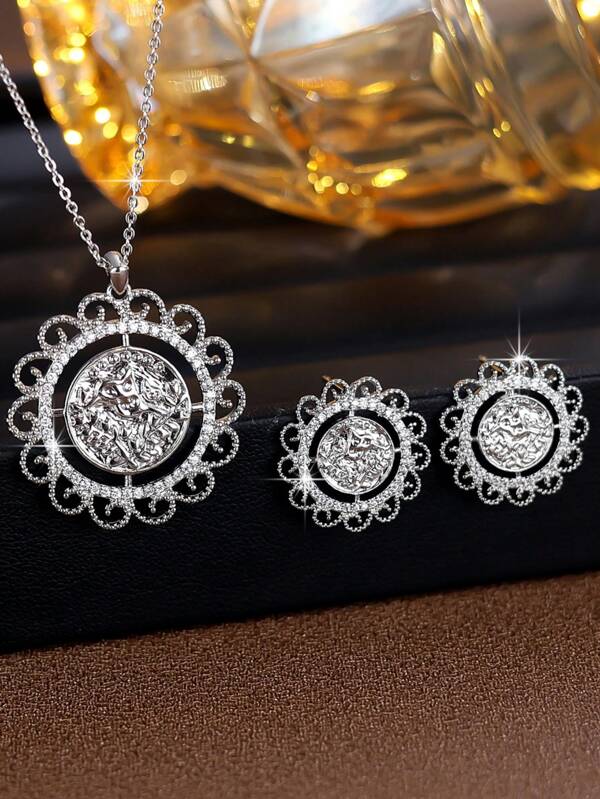 2pcs Jewelry Set, Women Simple Metal Gold Plated Rhinestone Earrings & Necklace Jewelry Set, Gift