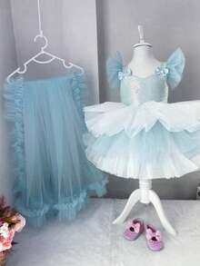 Blue Bowknot Sequin Mesh Trailing Princess Dress, Suitable For Birthday Party, Christmas, Prom, Wedding, Flower Girl - 淺藍色 - 查看 7