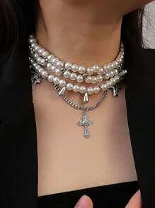 3pcs/Set Fashionable Luxury Exquisite Unique Design Punk Style Cross Pearl Layered Necklace, Versatile For Daily Wear And Parties