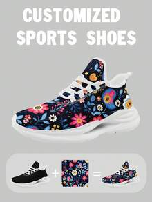 Custom Women's Wide Fit Sports Shoes, Personalized Customized Your Picture, Midsole Suspension Technology Trainers With Breathable Mesh Design, Fashionable And Comfortable Thick Sole Sneakers, Stylish And Soft Athletic Footwear For Men And Women - Black - View 2