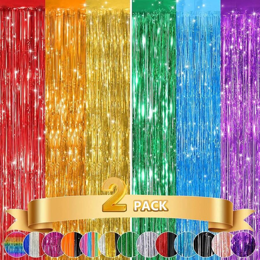 2Pack Silver Metallic Tinsel Foil Fringe Curtains, Door Streamer Photo Booth Backdrop Birthday Wedding, Graduation Engagement Bridal Shower Bachelorette Party Decorations Dancing Ball Party - 彩虹 - 查看 1