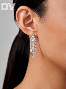 DV JEWELRY 1 Cặp bông tai mặt dây chuyền Cubic Zirconia mạ bạch kim sang trọng, Quà tặng tiệc tùng, đám cưới, kỷ niệm cho phụ nữ trong hộp quà - Bạc - Xem 3