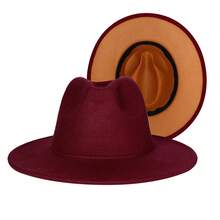 JEWELRYWE Wide Brim Fedora Hat For Men Women, Classic Felt Panama Hat, Two-Tone Bowler Hat, Jazz Hat, Teardrop-Shaped Hat Unisex, With Adjustable Strap, Thanksgiving And Christmas Gifts - Burgundy - View 12