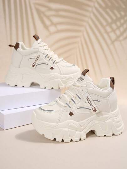 White Hidden Wedge Casual Sneakers For Women, Platform Chunky Sole Sporty Shoes