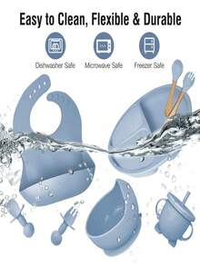 Juego de alimentación de bebé de silicona con divisor de ventosa, juego de tabla de cubiertos autoalimentable para niños pequeños con cuchara, tenedor, taza para sorber y babero - Azul - Ver 3