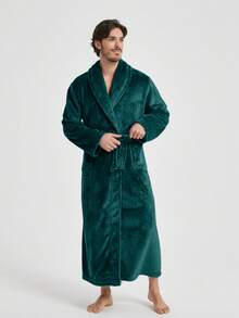 1pc Couple's Warm Flannel Shawl Neck Loose Casual Soft Thermal Lined Long Sleeve Fluffy Robe With Pockets, Suitable For Home Wear, Autumn/Winter, Fall, For Christmas, Cozy