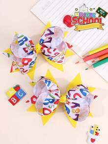 2 件装开学季女孩大号蝴蝶结铅笔苹果字母印花蝴蝶结鳄鱼夹开学第一天发夹可爱甜美发夹新学期发夹青少年发饰 - 彩色 - 查看 2