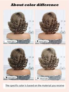 优雅蓬松复古卷发棕色亮点 12 英寸短卷发假发带刘海，编织合成女士假发，适合日常和节日佩戴，万圣节圣诞礼物 - 挑染棕色 - 查看 10