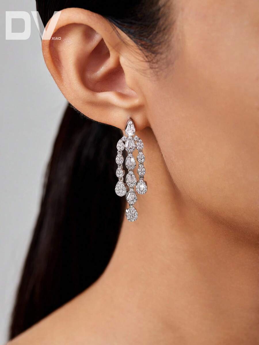 DV JEWELRY 1 Cặp bông tai mặt dây chuyền Cubic Zirconia mạ bạch kim sang trọng, Quà tặng tiệc tùng, đám cưới, kỷ niệm cho phụ nữ trong hộp quà