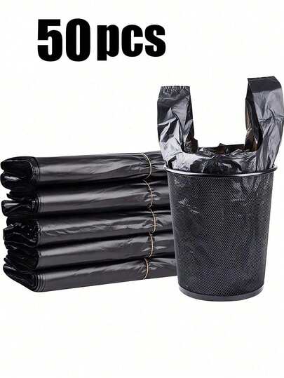 50pcs Plastic T-Shirt Bags With Handles, Polyethylene Shopping Bags, Extra Thick And Large Black Garbage Bags, Kitchen Trash Bags, Vegetable Bags, Large Trash Bags, Suitable For Groceries, Vegetables, Fruits, Snacks, Etc., Convenient And Practical, Applicable For Supermarkets, Restaurants, Retail Stores And Home Storage, Can Hold Paper, Plastic, Bottles, Newspapers, Lawn Clippings, Etc. Plastic Bags With Handles, T-Shirt Bags, Bulk Plastic Bags.
