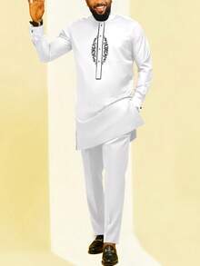 2025 New 2pcs/Set Men's White Dashiki With Black Embroidery, Casual & Simple, Long Sleeve Shirt, Round Neck, Pocket, Elastic Waist Pants, Side Slit Hem, African Clothing, Men's Casual Shirt & Pants Set, 1 Suit, Street Retro Style, Party, Date, Wedding, Cultural Event, Traditional Ceremonial - White - View 1
