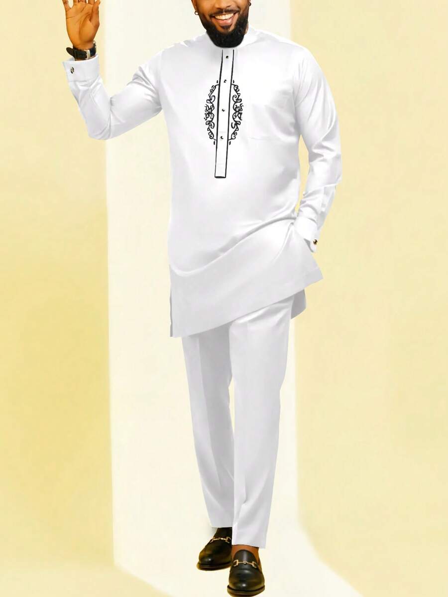 2025 New 2pcs/Set Men's White Dashiki With Black Embroidery, Casual & Simple, Long Sleeve Shirt, Round Neck, Pocket, Elastic Waist Pants, Side Slit Hem, African Clothing, Men's Casual Shirt & Pants Set, 1 Suit, Street Retro Style, Party, Date, Wedding, Cultural Event, Traditional Ceremonial - White - View 1