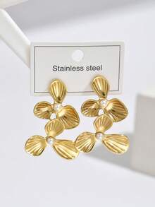 1 对欧美时尚不锈钢花卉珍珠耳钉，适合女士，百搭日常佩戴 - 彩色 - 查看 3