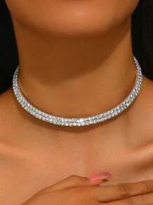 1pc Luxury Party Open Choker Necklace With Double Row Rhinestone & Zirconia Decor
