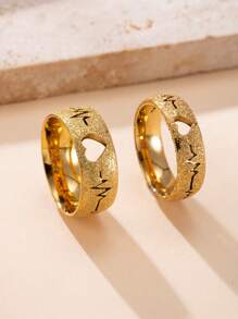 2pcs 8mm, 6mm Stainless Steel Hollow Heart, Cardiogram Matte Finish Rings Set, Suitable For Daily Wear Or Gift