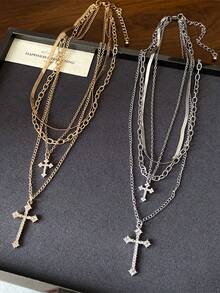 水钻十字架吊坠多层项链和百搭锁骨链首饰