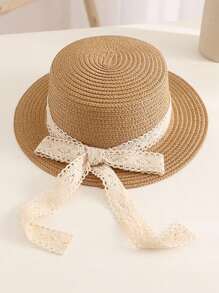 1pc Children's Cute Bow Straw Sun Hat, Fashionable Princess Beach Travel Sun Protection Woven Hat, Suitable For Everyday Wear