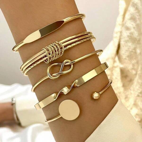 5pcs Set Vintage Exaggerated Wide Face Bangle Bracelets, Gold Smooth Asymmetrical Design, Gift For Girls, Friends