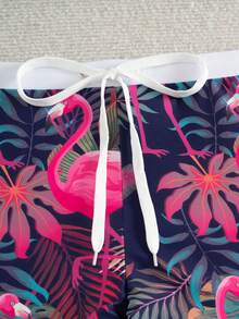 男士时尚火烈鸟印花抽绳泳裤，欧美度假风格