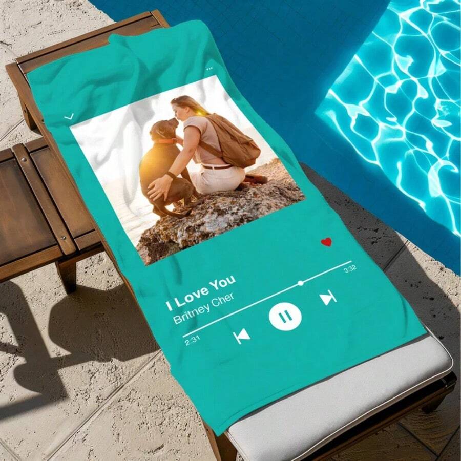 Custom Music Photo Beach Towel, Personalized Picture Favorite Song Pool Bath Towel, Home Decor, Present For Her Him Couples, Birthday Gift