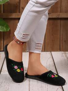 1 Pair Handmade Beaded Floral Retro Round Toe Slippers For Women, Comfortable & Versatile Indoor Slippers, Available In Black, Pink, And Multiple Colors, Plus Size - Black - View 6