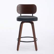 Set Of 2 Swivel Bar Stools, 26" Upholstered Faux Leather Counter Height Barstools With Walnut Back & Bentwood Legs, Mid Century Modern Bar Chairs Island Stools For Kitchen Counter - màu đen - Xem 3