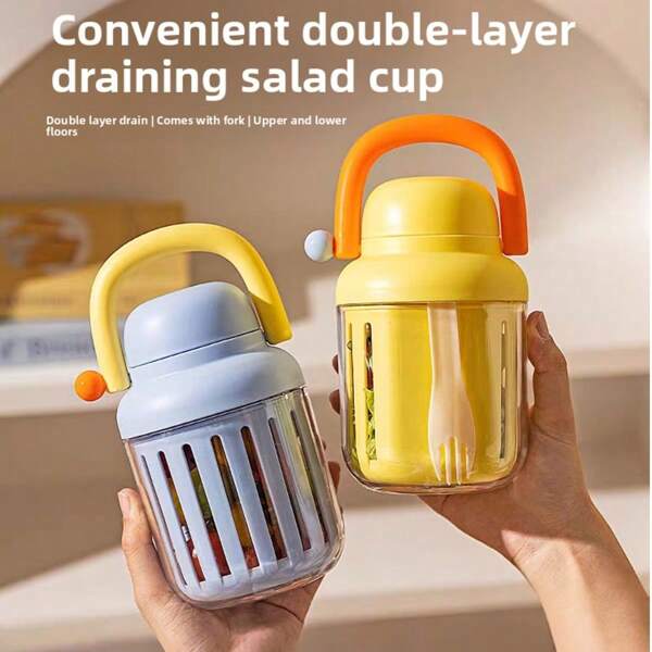 1pc Fork-Included Salad & Yogurt Cup, Portable Fruit Bento Box, Food Storage Container For Office, Outdoor, Sports Oatmeal Smoothie Cup