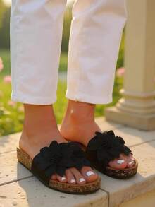 Women's Sandals With Flowers - Black - View 2
