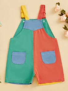 Toddler Boy Girl Overalls Shorts Contrast Color Sleeveless Suspender Romper With Adjustble Shoulder Strap - Yellow - View 3