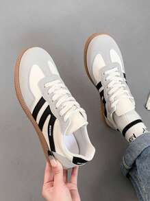 女士多功能时尚休闲鞋，平底防滑系带圆头橡胶底休闲运动鞋，黑色和卡其色拼色，日常搭配，舒适休闲鞋尺码 36-41，时尚 - 黑與白 - 查看 4