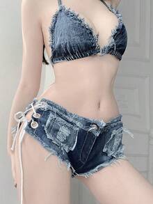 Jeans de tiras blancas nuevo verano moda para mujer simple pantalones cortos de mezclilla pantalones cortos pantalones cortos de tiro bajo sexy cita en la playa - Azul - Ver 2