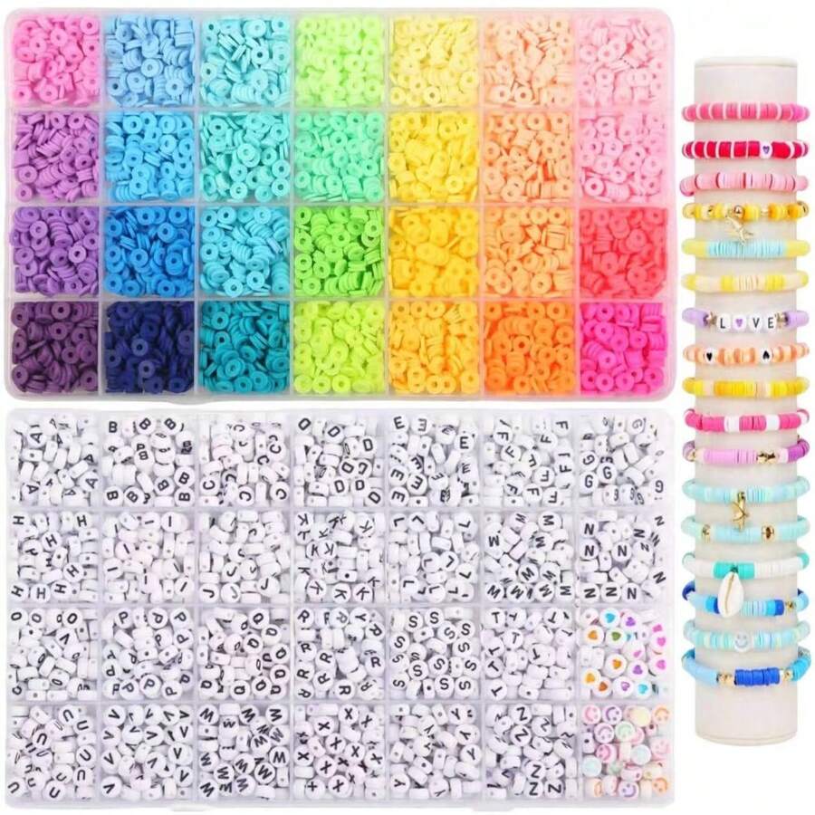 1 套 4200 件 DIY 套件：28 颗彩色粘土珠和 4*7 毫米黑白字母珠，带有彩色笑脸和心形、金色隔珠、松紧绳 - 适合女性制作手链、手镯、珠宝、礼物 - 組合 - 查看 1