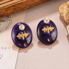 1 Pair Fashion Oval Drip Oil Bee Inlaid Design Women Copper Alloy Daily Party Gift Earrings