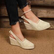 Woven Closed Toe Bun Holder Elastic Bowknot Rope Decor Stylish Lightweight Casual Women Wedge Slides - Beige - View 7