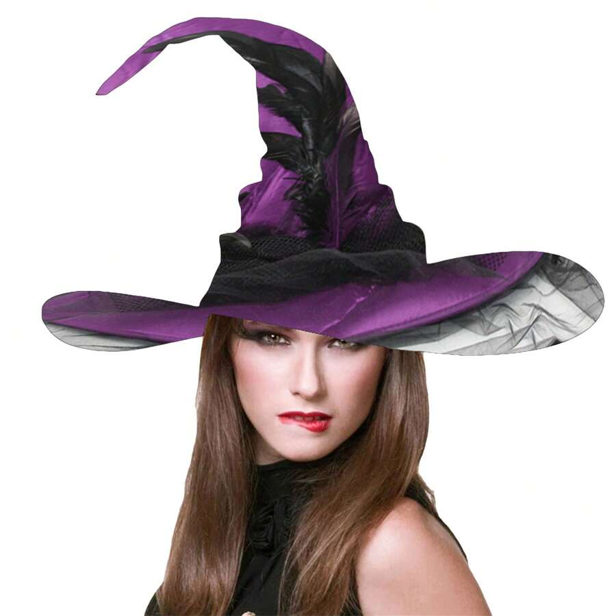 Large Ruched Witch Hat Women Halloween Wizard Hat Costume Cosplay Accessory Feather Witch Hats For Halloween Party - Màu tím - Xem 1