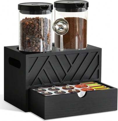 Coffee Canister For Coffee Bean Storage, Grounds Container With 2 Glass Jars With Airtight Lids And Scoop, Sugar Organizer For Bar With Drawer, Food And Nuts Flour Tea Grains
