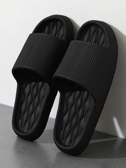 Men's Slip-On Slides, Minimalist Unisex Indoor Home Anti-Slip Soft EVA Sole Slippers, Black Color, Plus Size 46-47