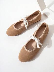 ROMWE Kawaii 女士休闲系带软底平底鞋，仿麂皮圆头裸色芭蕾平底鞋，适合暑假、夏季促销、返校季、学生装、圣诞节、秋季、新年 - 杏色 - 查看 4