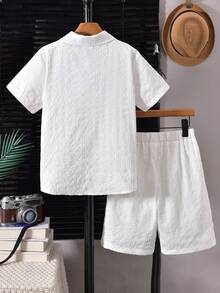 Vihyde Boys 3D Embossed Fabric Short Sleeve Shirt & Shorts 2 Pieces Set For School, Daily Wear, Beach, Travel, Vacation Season - White - View 3