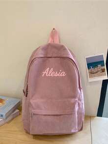 1 件定制姓名印花灯芯绒背包 - 大号轻便耐用涤纶背包，拉链开合，时尚纯黑色，适合户外、旅行、工作和日常使用