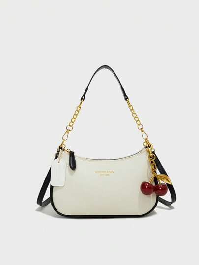 新款时尚经典百搭字母图案装饰纯色防水PU面料单肩包、月牙包、腋下包，适合购物，可斜挎。饰有樱桃吊坠，夏季月牙包，适合海滩度假、返校季，女士钱包。