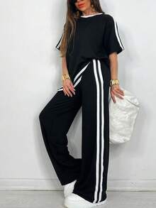 Plus Size Women Leisure T-Shirt + Side Stripe With Pockets Pants Suit