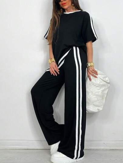 Plus Size Women Leisure T-Shirt + Side Stripe With Pockets Pants Suit