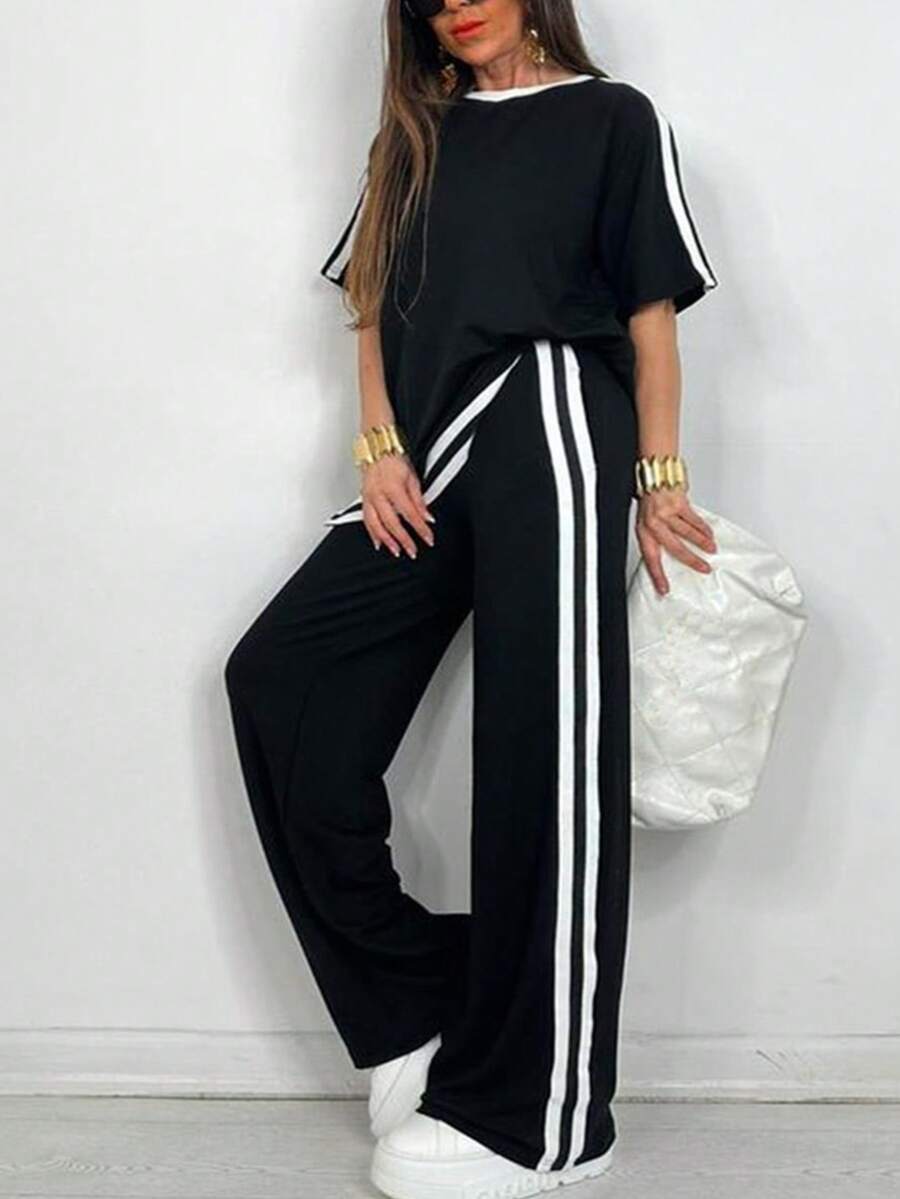 Plus Size Women Leisure T-Shirt + Side Stripe With Pockets Pants Suit