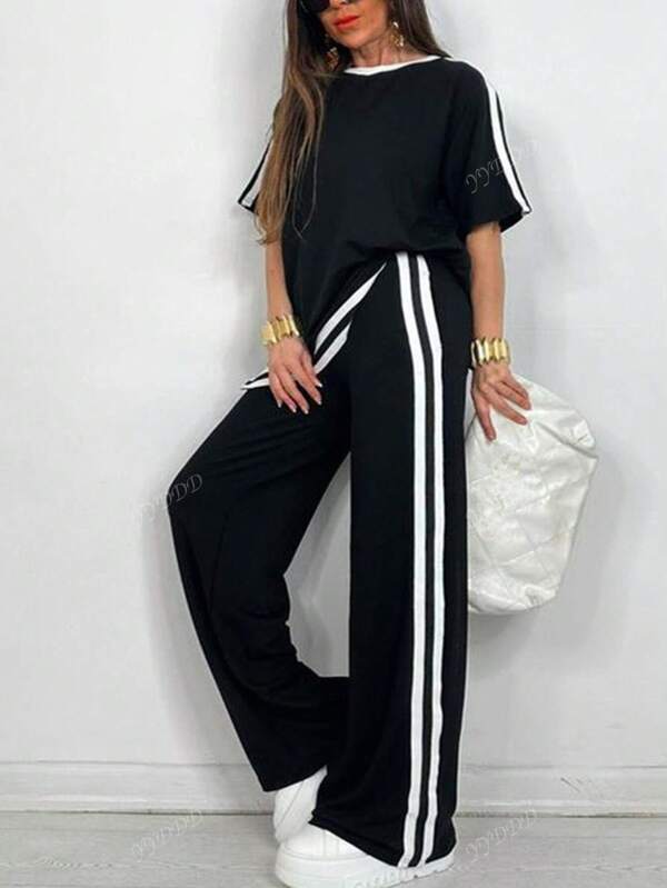 Conjunto de talla grande de camiseta informal + pantalones con rayas laterales y bolsillos