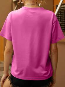 Mädchen Reise-Themen T-Shirt, Rundhalsausschnitt, Kurzarm Design, süßes Sommer Top für Frauen, perfekt für einen Mädels-Ausflug mit Freunden. - Heißes Pink - Übersicht 2